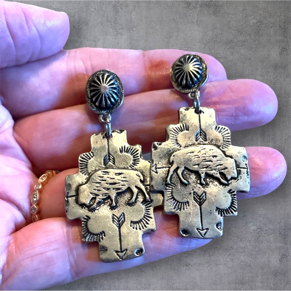 Buffalo Bison Concho Silver-tone Post Dangle Earrings